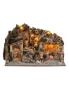 Illuminated nativity scene with waterfall and Landi figurines
