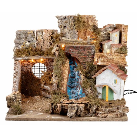 Presepe illuminato con grotta e cascata cm 51x33x32 h per