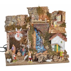 Illuminated nativity scene with waterfall and Landi statues cm 2