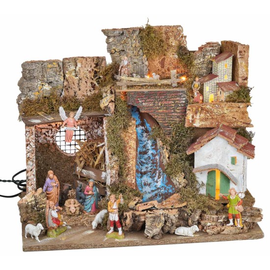 Illuminated nativity scene with waterfall and Landi statues cm