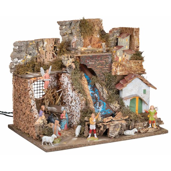 Illuminated nativity scene with waterfall and Landi statues cm