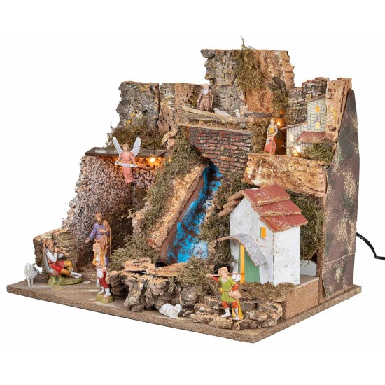 Illuminated nativity scene with waterfall and Landi statues cm