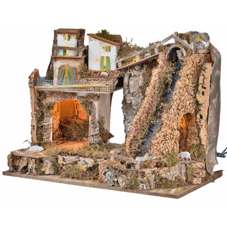 Presepe illuminato con cascata cm 30x34x47 h per presepe Mondo