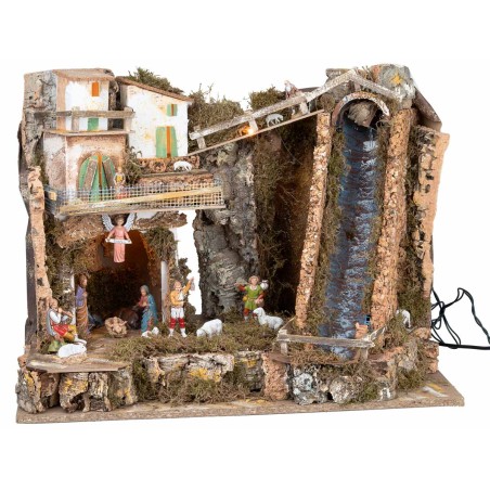 Presepe illuminato con cascata ripida e statue Landi cm