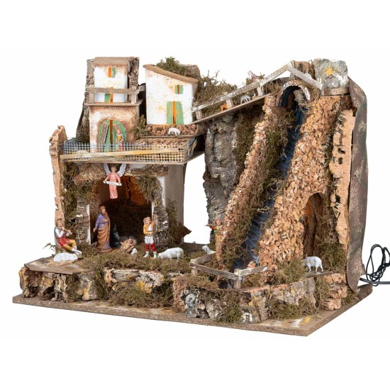 Presepe illuminato con cascata ripida e statue Landi cm