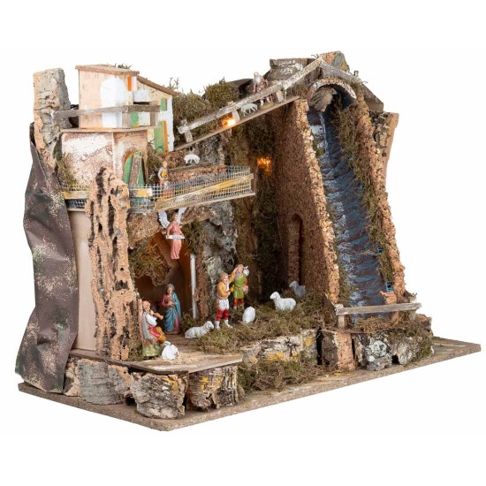 Pesebre iluminado con cascada empinada y estatuas Landi cm