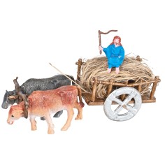 Carretto con buoi e contadino carico di paglia per presepe per