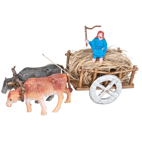 Carretto con buoi e contadino carico di paglia per presepe per