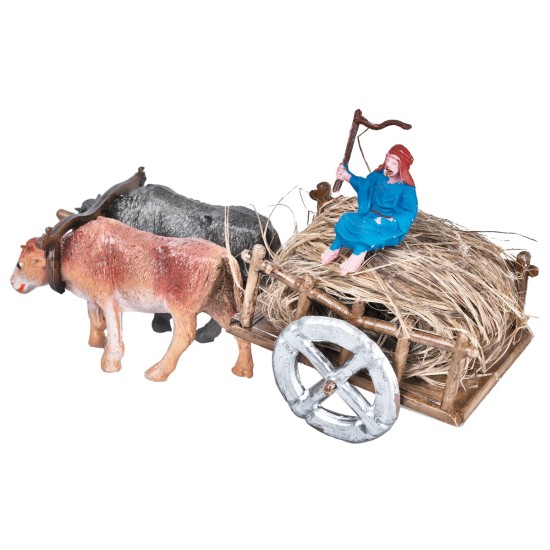 Carretto con buoi e contadino con paglia 4,7x6,7x4,5 h