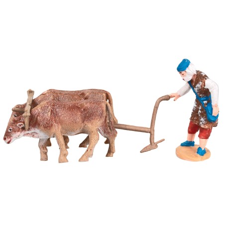 Farmer with plow and oxen in PVC for nativity scene Mondo Presepi
