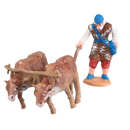 Campesino con arado y bueyes en PVC para belén Mondo Presepi
