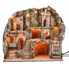 Presepe illuminato con fontana, fuoco e mulino a vento cm