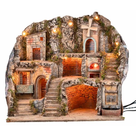 Illuminated nativity scene with fountain, fire, and windmill cm