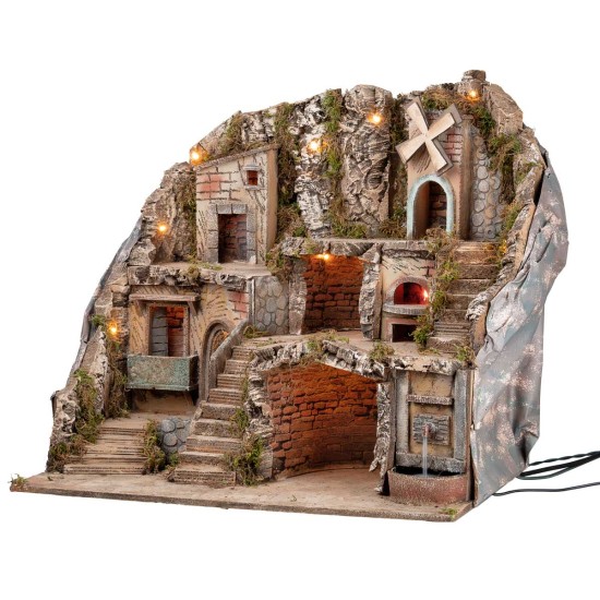 Presepe illuminato con fontana, fuoco e mulino a vento cm