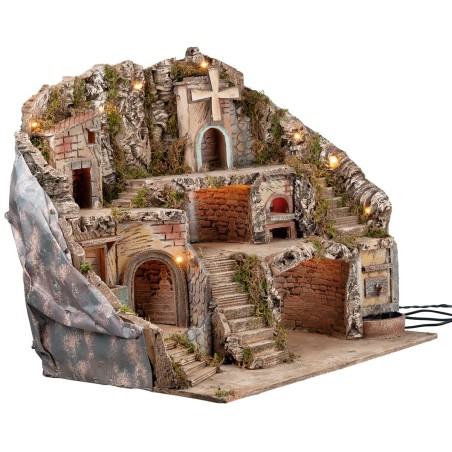 Illuminated nativity scene with fountain, fire, and windmill cm