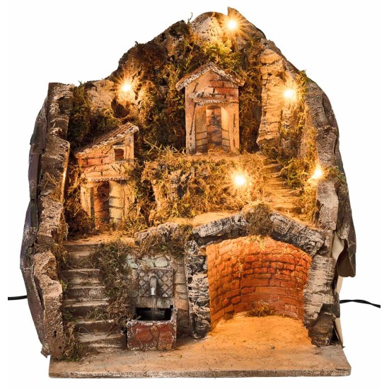 copia de Pesebre iluminado con fuente, fuego y molino de viento