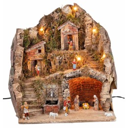 Pesebre completo con estatuas Landi, luces y fuente cm 40x30x40 h