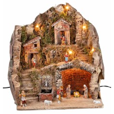Complete nativity scene with Landi statues, lights, and