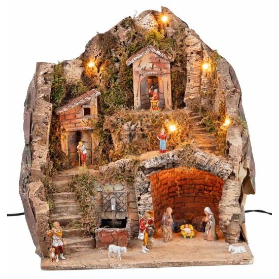 Complete nativity scene with Landi statues, lights, and