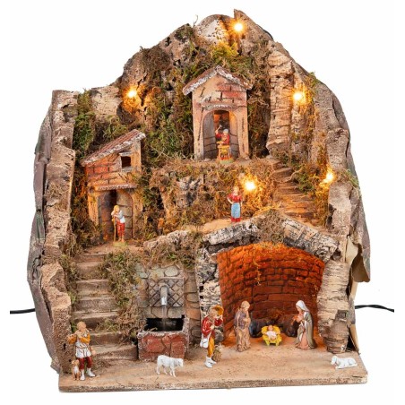 Complete nativity scene with Landi statues, lights, and