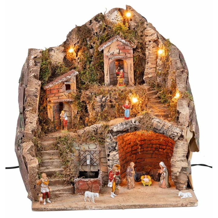 Pesebre completo con estatuas Landi, luces y fuente cm 40x30x40 h