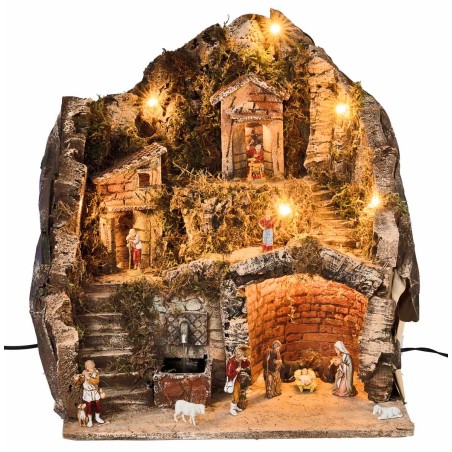 Complete nativity scene with Landi statues, lights, and