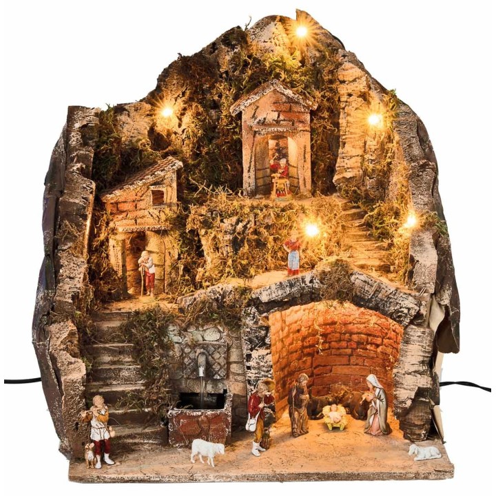 Nacimiento completo con figuras Landi, luces y fuente cm 40x30x40 h