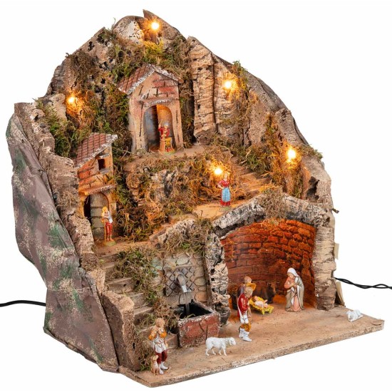 Complete nativity scene with Landi statues, lights, and fountain cm 40x30x40 h