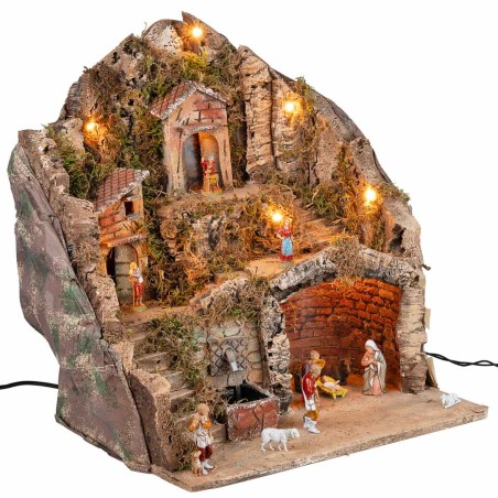 Pesebre completo de estatuas Landi, luces y fuente de 40x30x40