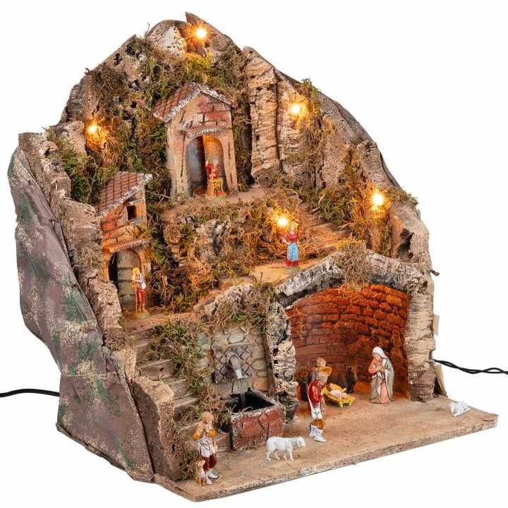 Pesebre completo con estatuas Landi, luces y fuente cm 40x30x40 h