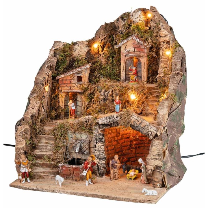 Nacimiento completo con figuras Landi, luces y fuente cm 40x30x40 h
