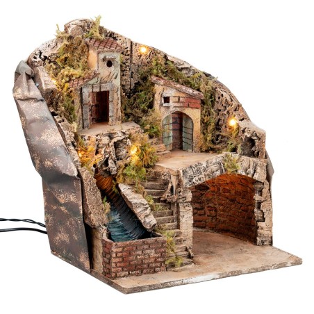 Illuminated nativity scene with waterfall cm 33x27x40 h for Mondo nativity