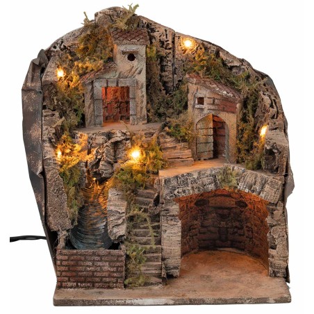 Illuminated nativity scene with waterfall cm 33x27x40 h for Mondo nativity