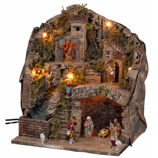 Pesebre con estatuas Landi, luces y cascada cm 33x27x40 h