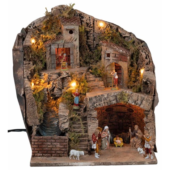 Pesebre con estatuas Landi, luces y cascada cm 33x27x40 h