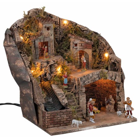 Presepe con statuine Landi, luci e cascata cm 33x27x40 h per