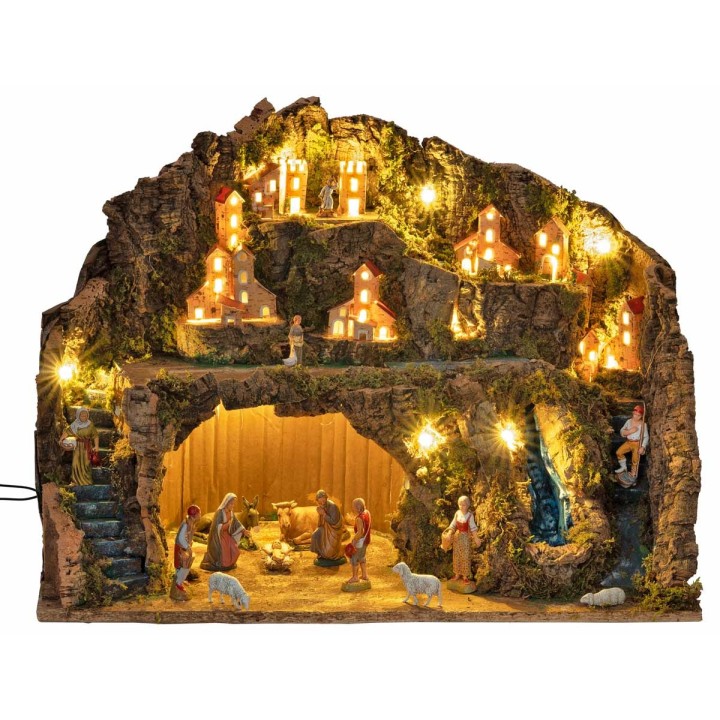 Pesebre con estatuas Landi, luces y cascada operativa cm