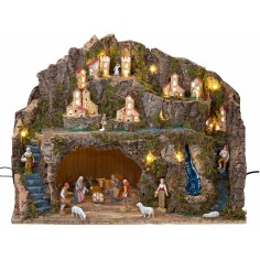 Nativity scene with Landi statues, working lights and waterfall, size 60x34x45 cm