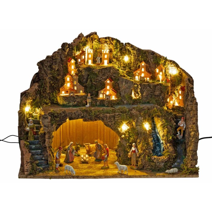 Presepe con statue Landi luci e cascata funzionante cm 60x34x45