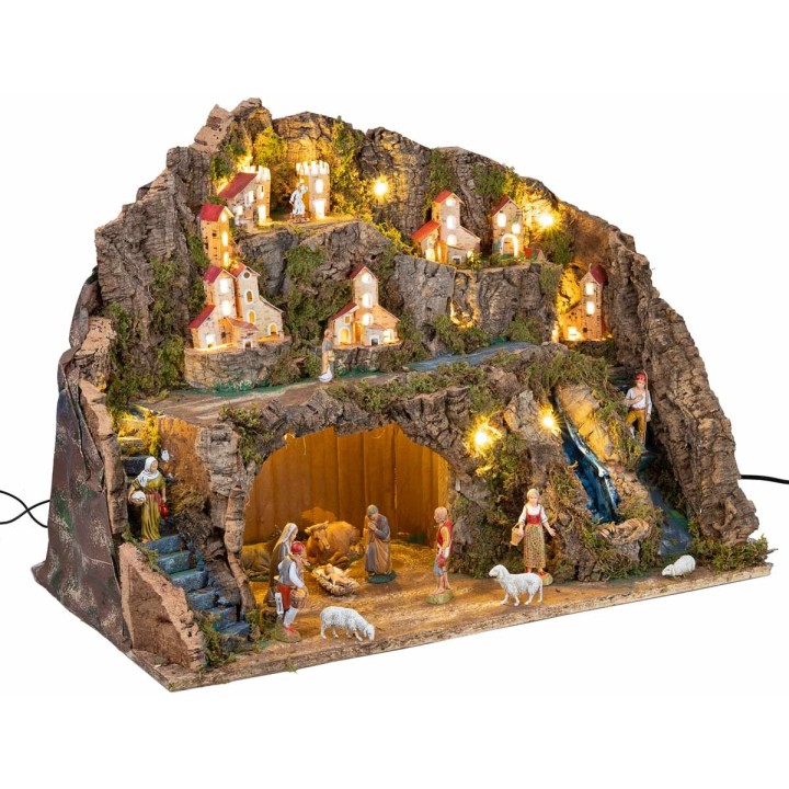 Nativity scene with Landi statues, lights, and working