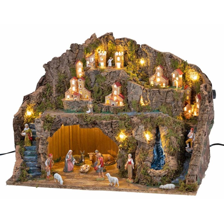 Pesebre con estatuas Landi, luces y cascada operativa cm