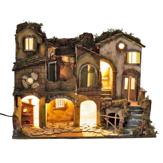 18th-century Neapolitan nativity scene with fire, illuminated