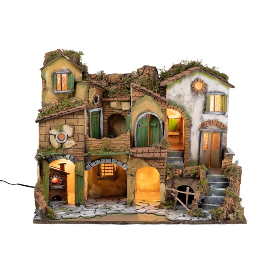 Presepe napoletano stile 700 illuminato con fuoco cm 63x40x50 h