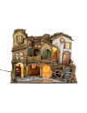 18th-century Neapolitan nativity scene with fire, illuminated