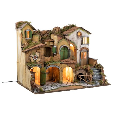 18th-century Neapolitan nativity scene with fire, illuminated