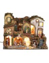 Presepe napoletano stile 700 con statue Landi, luci e fuoco cm