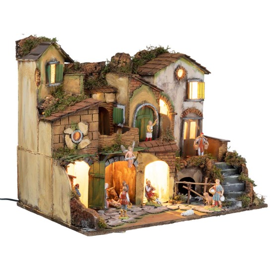 18th-century Neapolitan nativity scene with Landi statues, lights, and fire cm
