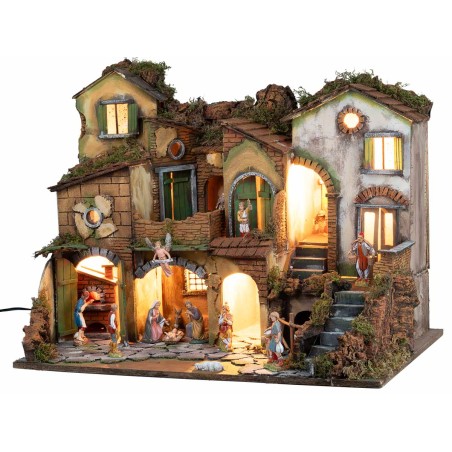 Pesebre napolitano estilo 700 con estatuas Landi, luces y fuego