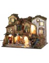 Presepe napoletano stile 700 con statue Landi, luci e fuoco cm