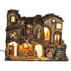 Presepe napoletano stile 700 con statue Landi, luci e fuoco cm 2